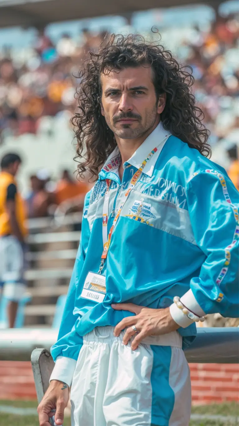 Man in a retro tracksuit in a stadium