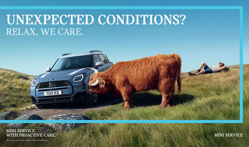 MINI service poster with a Highland cow