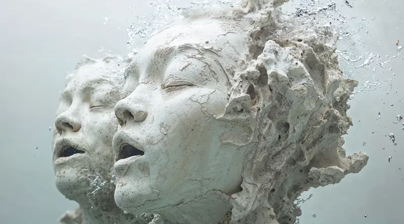Sculpture of two faces covered in white