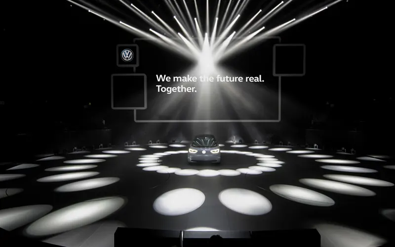 Stage with a burst of light beams over a dotted floor